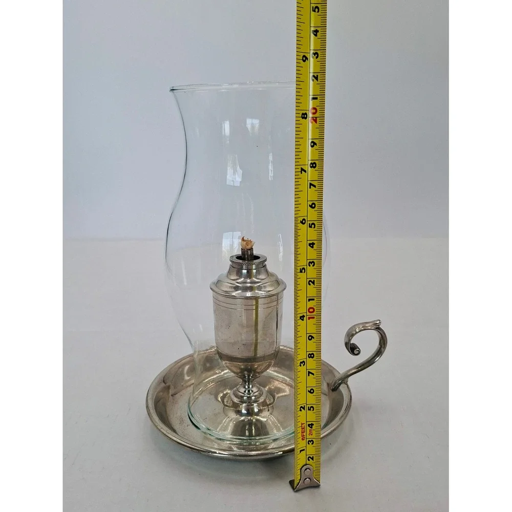 Vintage Shirley Pewter Chamber Oil Lamp Glass Chimney Colonial Finger Handle 9